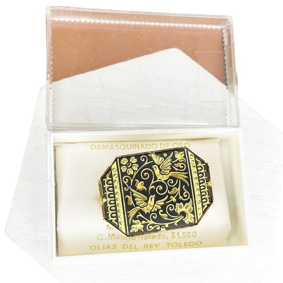 Vintage NOS Damascene Toledo Spain 24k Plated Double Love Bird Brooch